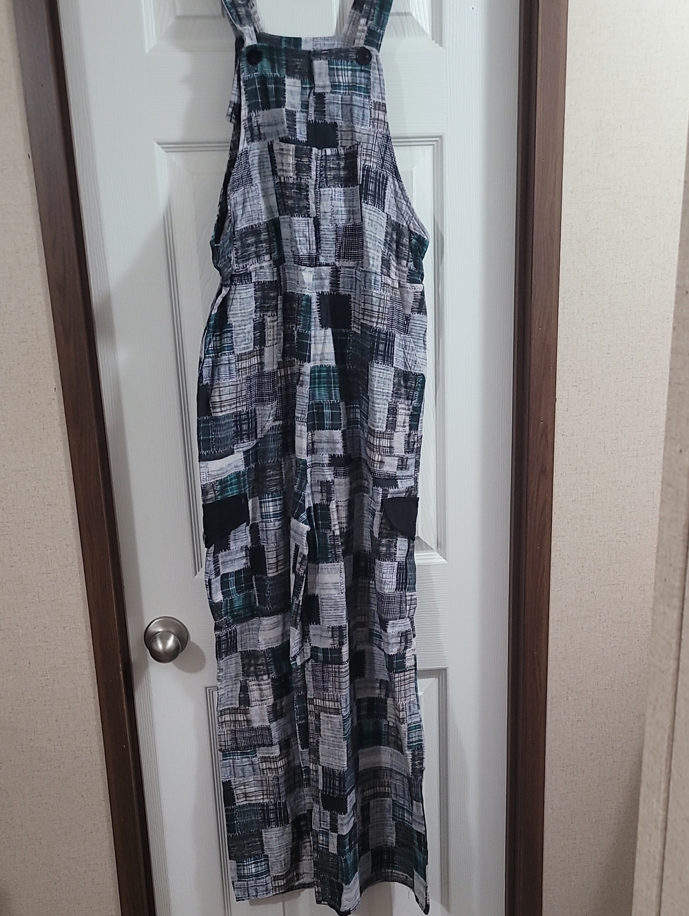 Yak & Yeti Plaid Patchwork Wide-Leg Overalls Dress in Black, White & Green